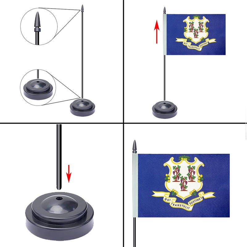 WXTWK 2 Pack USA Connecticut Flag Connecticut State Desk Flag Set - Mini Small Connecticut Table Office Flags with Black 12" Solid Pole Stand Base Classroom Meeting Desktop Decorations - Image 4